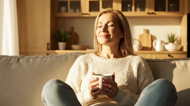 A serene woman sits comfortably on a couch, holding a mug and practicing positive mindset habits in a cozy living room with warm lighting