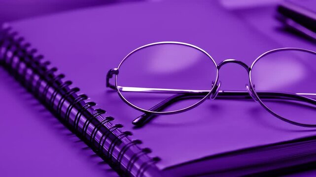 Studious Atmosphere with Eyeglasses on a Purple Notebook.