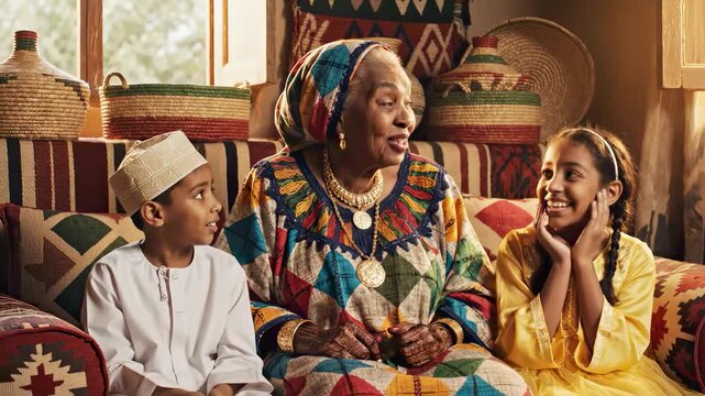 Grandmother wearing traditional omani dress telling a captivating story to her grandson and granddaughter, who are listening with amazement and joy in a majlis
