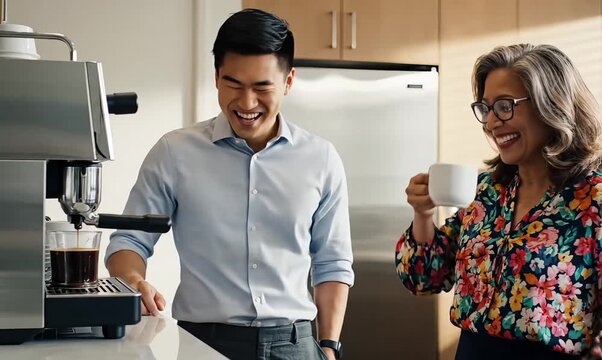 Two cheerful colleagues enjoy a casual conversation and coffee break in a modern office.