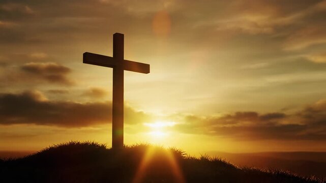 Minimal wooden cross on beige textured background, warm sunlight intensifying behind it, floating dust particles, large copy space, Christian Easter and Holy Week concept.
