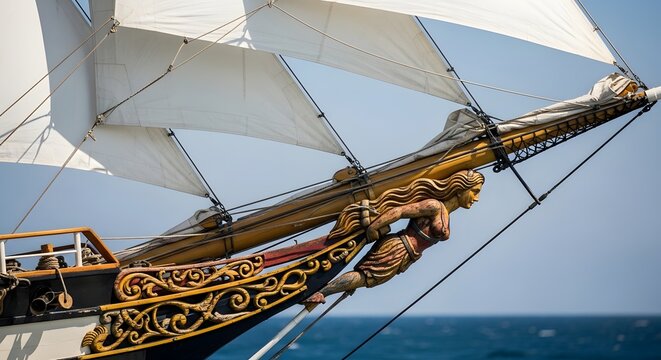 A detailed wooden figurehead of a mermaid on a sailing ship.