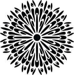 Bold black and white abstract mandala vector illustration, symmetrical radial ornamental pattern, modern decorative circular design artwork