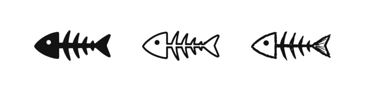 Fish Skeleton Icon Set, Dead Fish Bone Vector Graphics