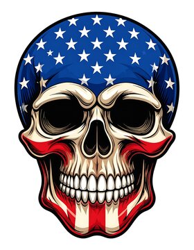 Skull with stars/stripes design. Patriotic, bone colored skull and red/white stripes. Headwear is blue w/stars