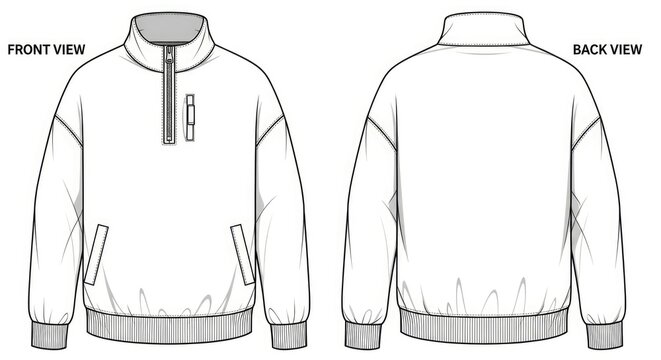 Oversized Half-Zip Pullover Sweatshirt with Stand Collar, Chest Pocket, and Welt Pockets, Fashion Technical Flat Sketch, Front and Back Views