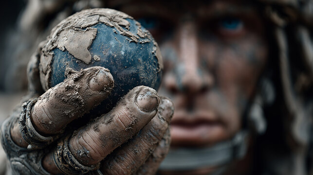 Close up soilder hand holidng a mini earth on his hand with lot of mud.