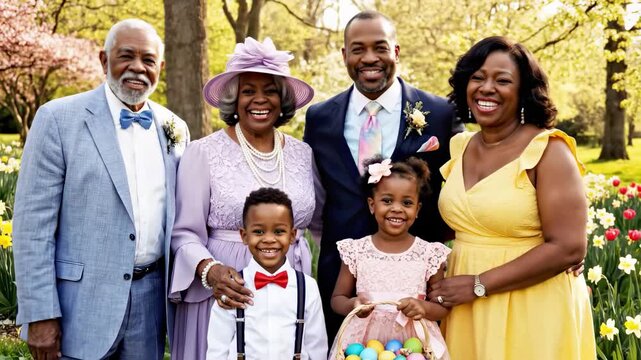 Multi-generational african american family posing for an easter portrait in a beautiful spring park with colorful flowers, smiling and enjoying a sunny holiday together