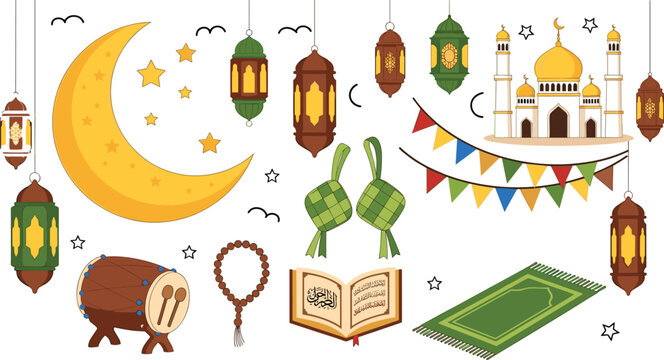 Ramadan Kareem Islamic Elements with Crescent Moon Lantern Mosque Quran and Traditional Decorations Vector Illustration