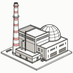 Naklejka premium Nuclear power plant with cooling tower and dome industrial building