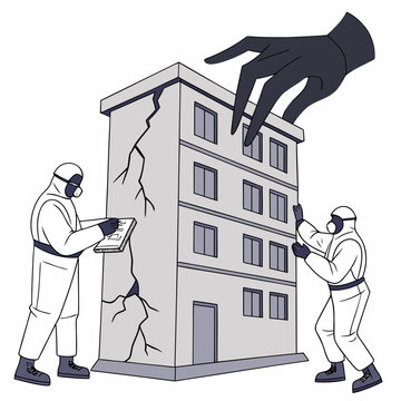 Damaged building inspection by workers in hazmat suits