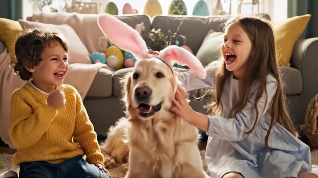 Happy children celebrating easter with a golden retriever wearing bunny ears, laughing and having fun together in a beautifully decorated living room, portraying a joyful family holiday