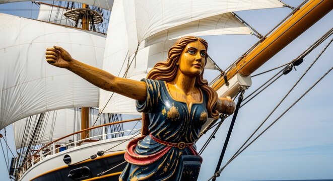 An impressive carved figurehead of a woman guiding a tall ship.