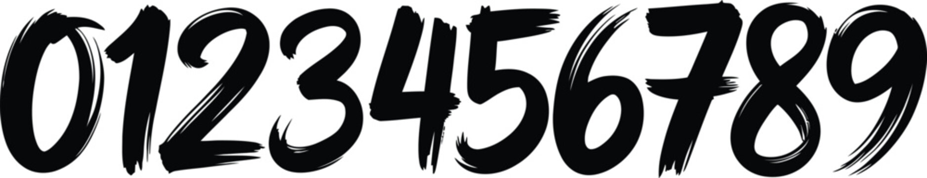 Hand-drawn black brush stroke numbers set from 0 to 9 with Expressive Ink Texture for sports branding, streetwear design, and countdown graphics.