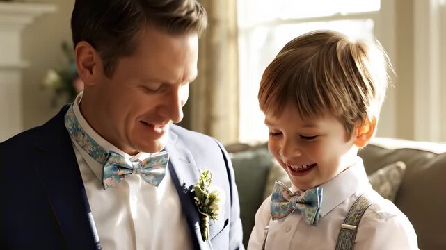 Dapper groom and his little son smiling and laughing together wearing matching bow ties on the wedding day, sharing a sweet and lovely moment before the ceremony