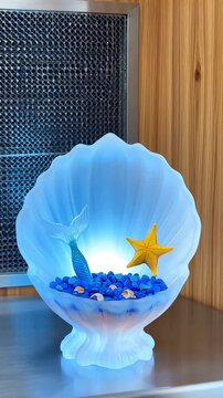 Mermaid tail decoration in glowing clamshell with starfish