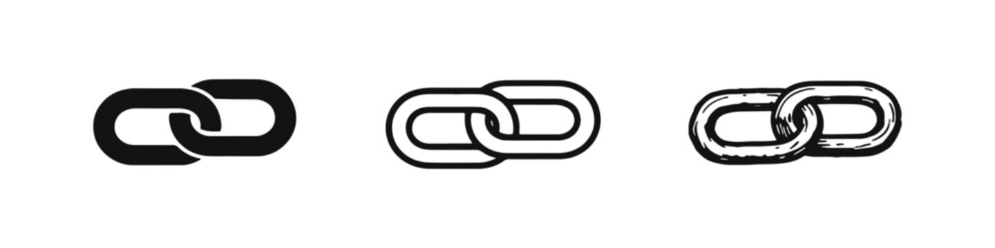 Linked chain icon set symbolizing connection or hyperlink in solid, outline, and hand-drawn styles.