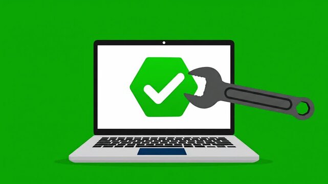 Laptop computer with error symbol on screen being fixed with a large wrench