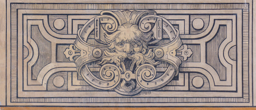 Architectural Sgraffito Detail in Tuebingen Germany Featuring a Renaissance Grotesque Mascaron and Mannerist Strapwork Ornamentation