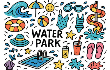 Obraz premium Colorful water park icons featuring pool, slides, and summer essentials