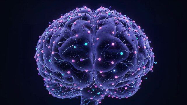 A vivid image of a detailed brain lit with neon dots symbolizing intelligence and human thought processes, perfect for scientific or educational conte