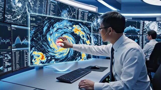 Meteorologist in control room analyzing hurricane on futuristic holographic touchscreen, monitoring extreme weather event on interactive digital map for emergency preparedness