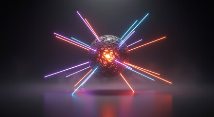 Neonlit metallic sphere with colorful laser beams and glowing core in dark room