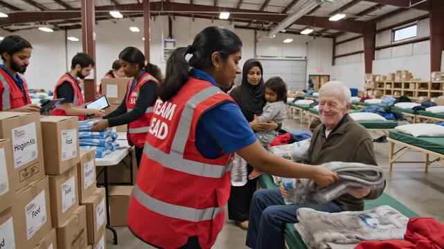 Volunteers providing blankets, water, and humanitarian aid to a diverse group of refugees and homeless people in a temporary emergency shelter