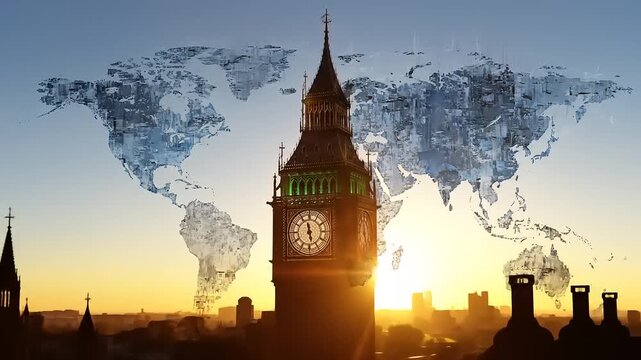Big Ben and World Map Silhouette at Sunset - Global Travel and Business Concept.