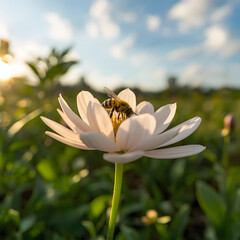 Macro Close Up of Honey Bee on Yellow Flower Collecting Nectar.