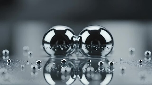 Macro shot of shiny, reflective spheres and droplets on a liquid surface