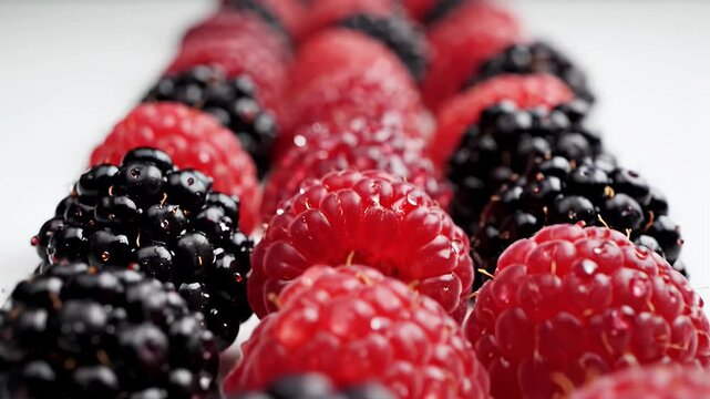 A close-up view of fresh raspberries and blackberries. The berries sit against a white background