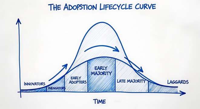 This hand-drawn diagram illustrates the innovation adoption lifecycle curve, showcasing different stages of market penetration and consumer acceptance over time for new products or ideas.