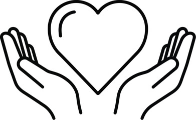 Obraz premium Two hands gently cradle a large heart shape, symbolizing care, protection, and emotional support in a simple outline graphic.
