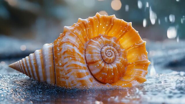 Vibrant seashell resting on wet sand with droplets