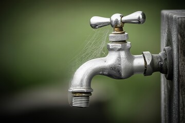 old water tap with cobweb. Water shortage crisis