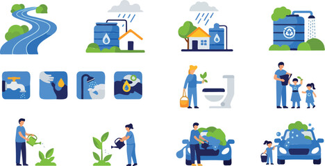 Fototapeta premium Water conservation awareness flat design vector illustration with recycling and gardening icons