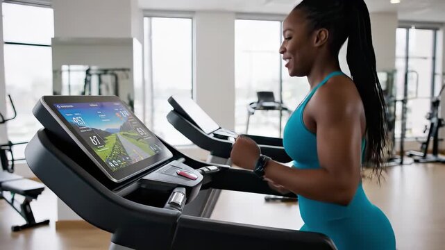 African american woman running on a treadmill with a virtual reality screen, enhancing her cardio exercise and workout motivation with immersive fitness technology