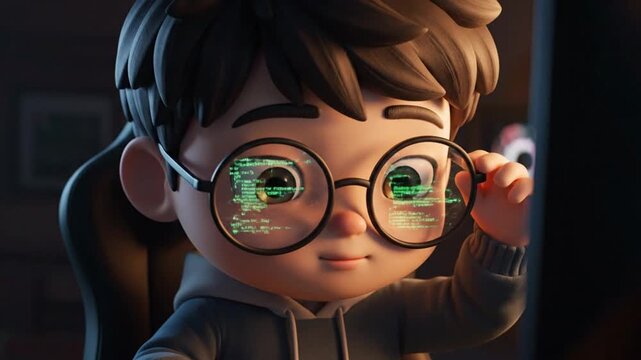 A cartoon boy wearing round glasses with computer screens reflected in the lenses while working on a business project in a dark room.