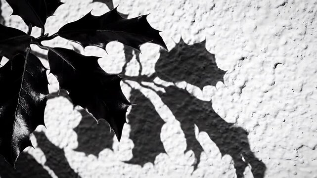 A monochrome image featuring the silhouette of leaves and their shadow on a textured wall