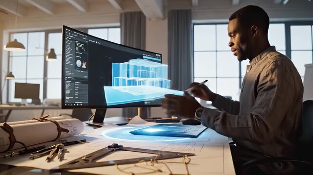 Visionary architect interacting with a 3d building hologram, designing a project in a modern office with futuristic augmented reality technology for immersive visualization