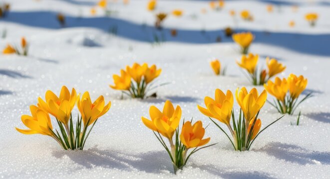 Vibrant yellow crocus flowers pushing through glistening white snow on a bright sunny day, a beautiful symbol of early spring, new life, and the melting winter.