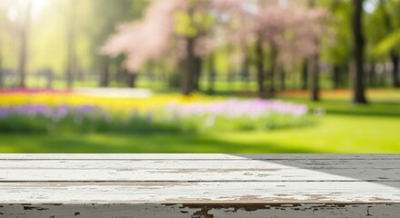 Empty rustic white wooden table with peeling paint texture, against a vibrant and beautifully blurred spring park background featuring colorful flowers, lush green grass, and sunlit trees.