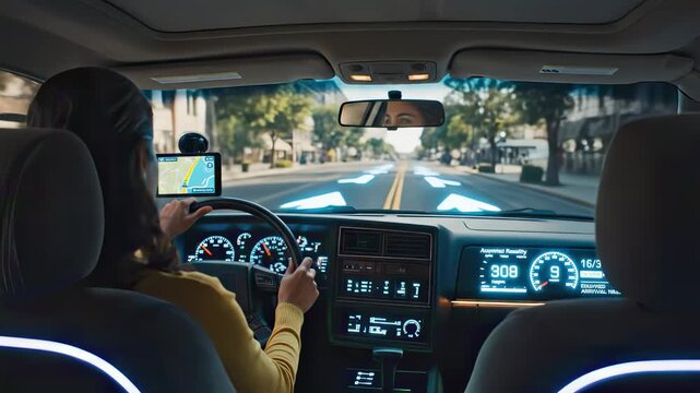 Autonomous car with woman driver navigating city streets using advanced augmented reality hud navigation system and digital dashboard showing futuristic vehicle data