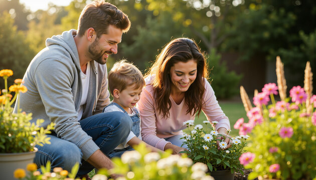 Family gardening together with flowers under sunlight in spring  