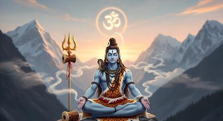 Fototapeta premium Lord Shiva Meditating in Himalayas – Hindu Spiritual Meditation 