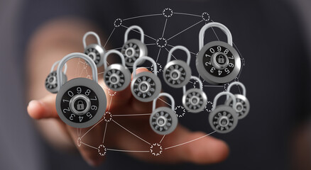 Secure digital network with a hand displaying padlocks. Protection, cyber security, data privacy, online safety, and mor © vegefox.com