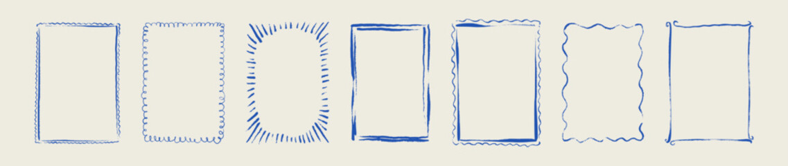 Set of blue crayon doodle hand drawn sketch coastal rectangle frames. Italian style marine sea side design element. Postal summer stamp, scalloped edge, oval shape charcoal border freehand drawing © Kseniia