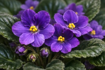 Obraz premium Bright purple flowers with yellow centers are seen growing closely together on green leaves. The sunlight highlights the vibrant colors of the flowers and foliage