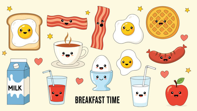 Cheerful collection of breakfast food items like eggs, bacon, milk, toast, and apple featuring cute smiling faces and tiny hearts.